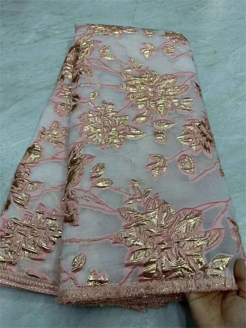 Gold African Jacquard Brocade Fabric Nigerian Floral Damask Organza Tulle Mesh Lace French Net Material Brocard Tissu 5Yards CJ3