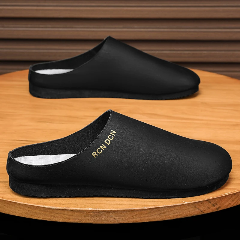 Fashion Half Shoes For Men Mules Summer Man Slides Slip On Flats Men Casual Driving Shoes Leather Semi-Drag Loafers Slippers