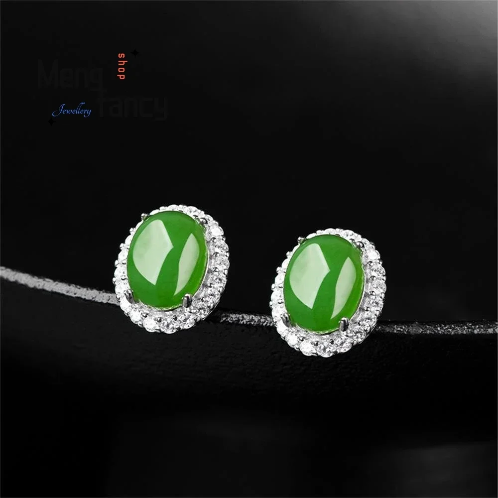 

Spinach Green Natural Old Material Hetian Jade Jasper Egg Face Female Models Genuine S925 Silver Inlaid Earrings Fashion Jewelry