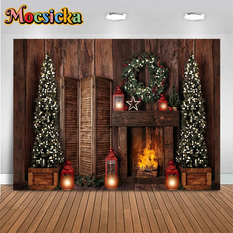 Mocsicka Winter Christmas Decoration Photography Background Xmas Tree Lantern Fireplace Bonfire House Gifts Photo Backdrop Props