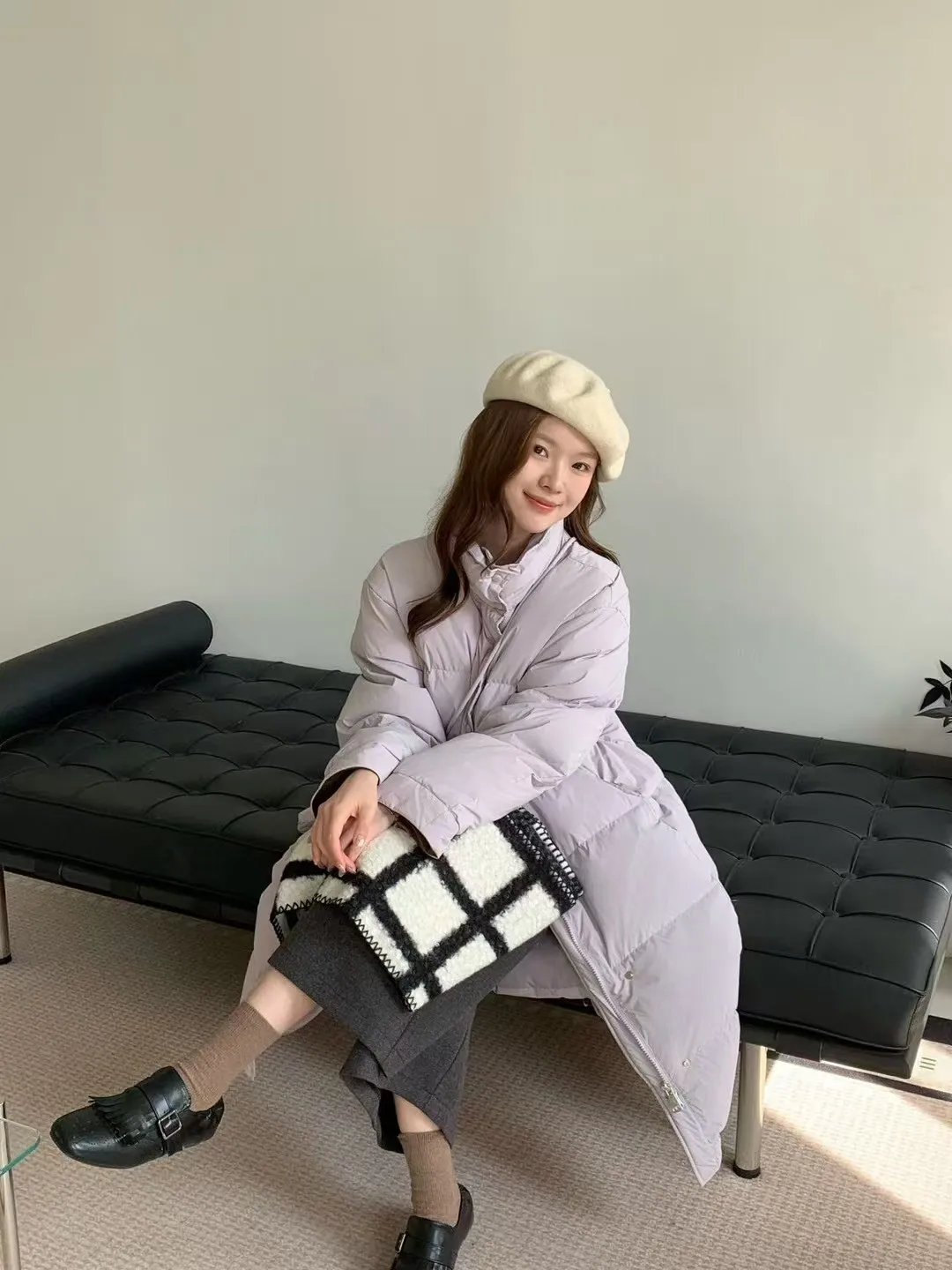 XF2356 الخريف/الشتاء 25 الملابس النسائية الجديدة النسخة الكورية الوجه كم الوقوف طوق طويل فوق الركبة بطة بيضاء أسفل سترة #2