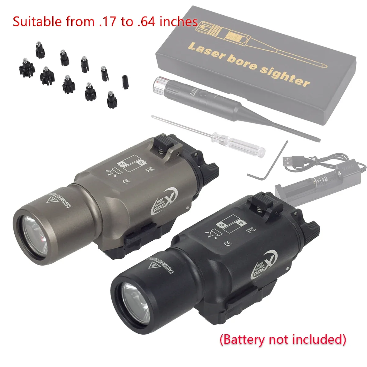 Tactical Surefire X300 Flashlight Weapon LED Light Hunting 0.17-0.64 Caliber Red Green Calibrator LS Bore Sight With 10 Adapters