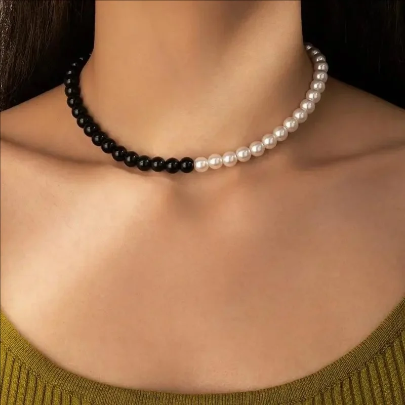 Miss JQ 6mm Faux Pearl Beaded Choker Necklace - Versatile White and Black Color Neck Jewelry Decoration for Women  Accessory