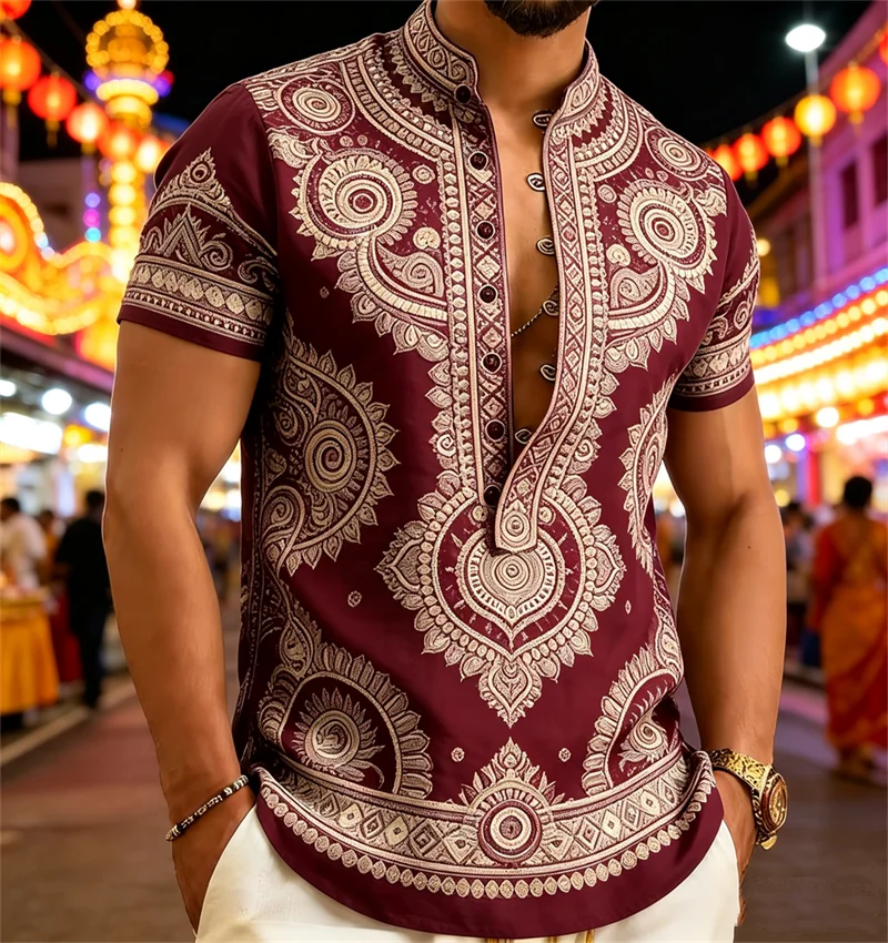 New men's retro floral short sleeved shirt with purple base and tulip ethnic pattern holiday personalized top