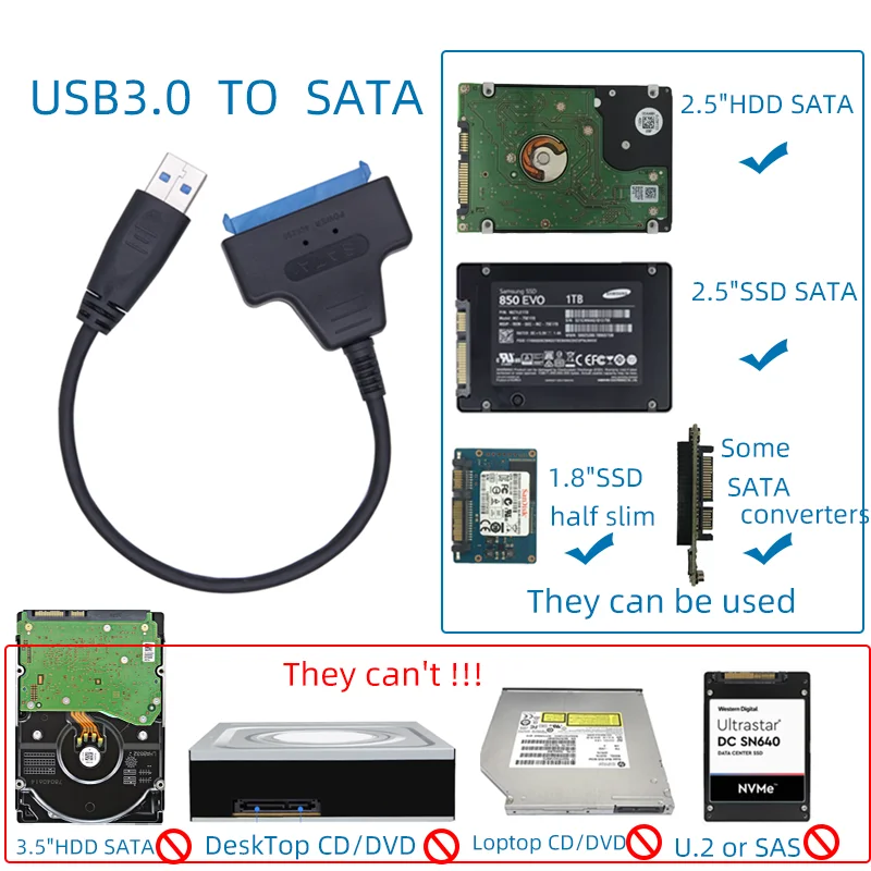 USB 3.0 SATA 3 Cable Sata To USB 3.0 Adapter Up To 6 Gbps Support 2.5 Inch External HDD SSD Hard Drive 22 Pin Sata III Cable