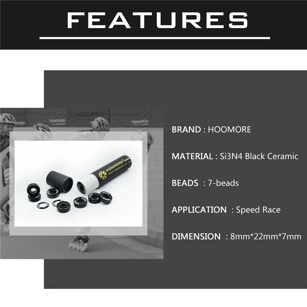 HOOMORE brand SI3N4 Black Ceramic 608RS High Speed Self-lubricated 7-balls Undeformed Stable 608 inline speed skating bearing