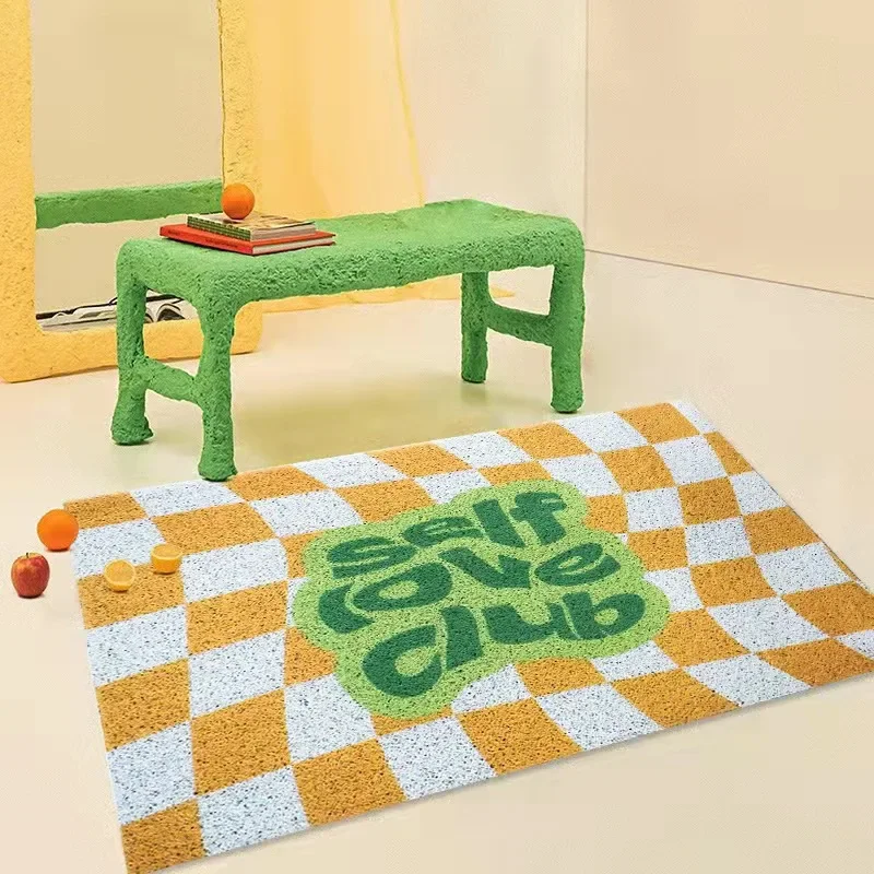 Korean Style Colorful Lattice Coil Door Mat, Retro Trendy PVC Wire Ring Doormat, Outdoor Decorative Floor Mats, Dust Removal
