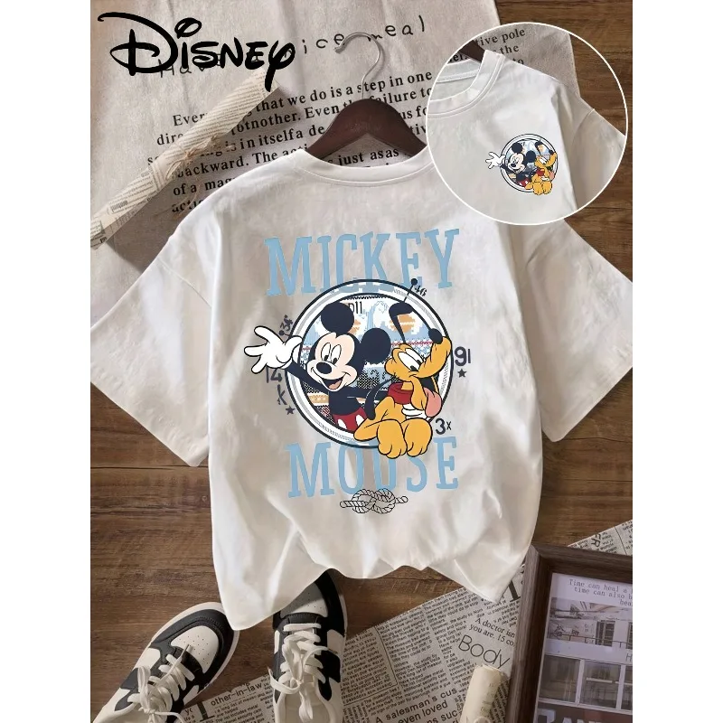 

Disney "Mickey Mouse House Mickey Pluto" Pattern Printed T-shirt Round Neck Women's Casual Fashion T-shirt Cotton Trendy Top