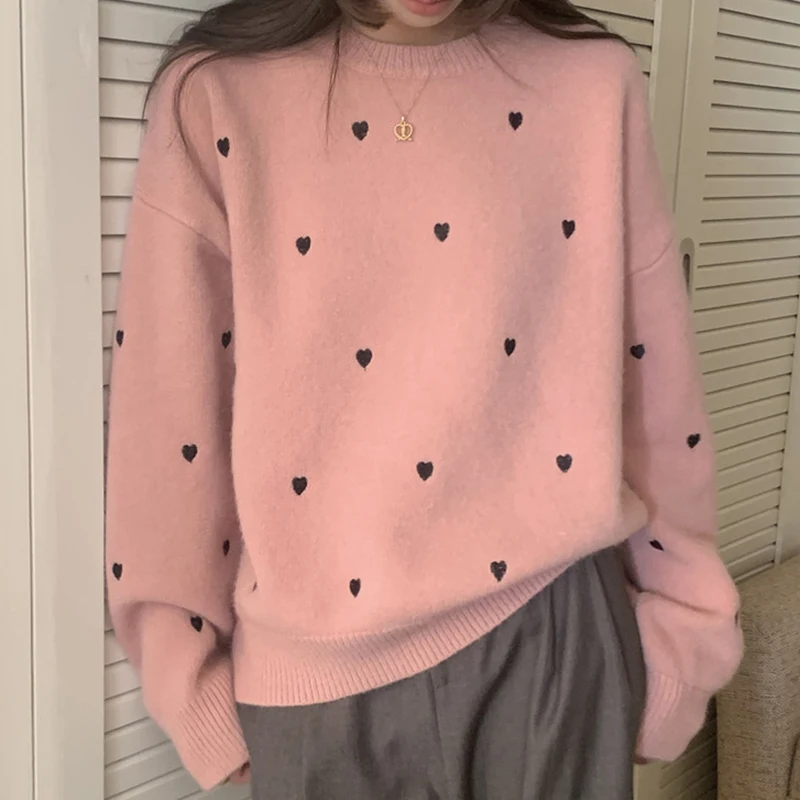 سترة شتوية أنيقة محبوكة بأكمام طويلة ورقبة دائرية وطبعة قلب كاجوال فضفاضة مناسبة ومتعددة الاستخدامات ومريحة للنساء، نمط عصري ...