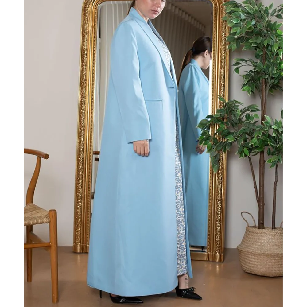 Casaco longo fresco azul céu para mulheres, casaco feminino de lapela de fivela única diária, vestido Arábia Saudita, formal