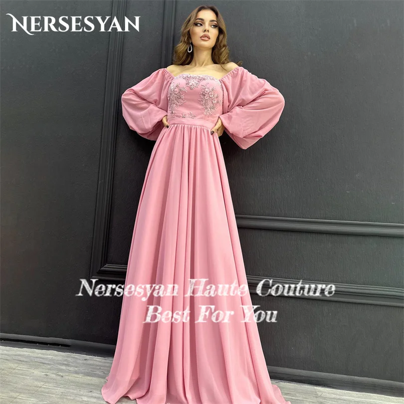 Nersesyan-فساتين سهرة وردية رسمية ، بدون أكتاف ، أكمام طويلة ، فساتين حفلات مطرزة ، فستان حفلة موسيقية بطول الأرض ، 2023