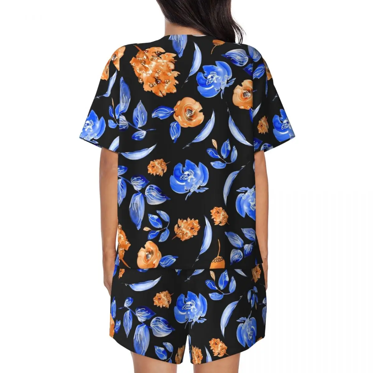 Blue Flower Pajamas Daily 2 Pieces Orange Floral Print Cute Pajama Sets Lady Short Sleeve O Neck Bedroom Printed Home Suit