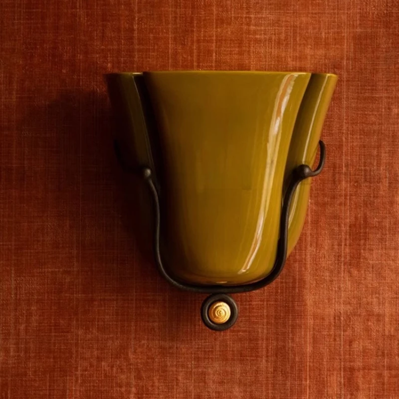 

French Retro Colorful Pleated Ceramics LED Wall Lamps Black Wrought Iron Light Living Room Bedroom Restaurant Corridor Sconces