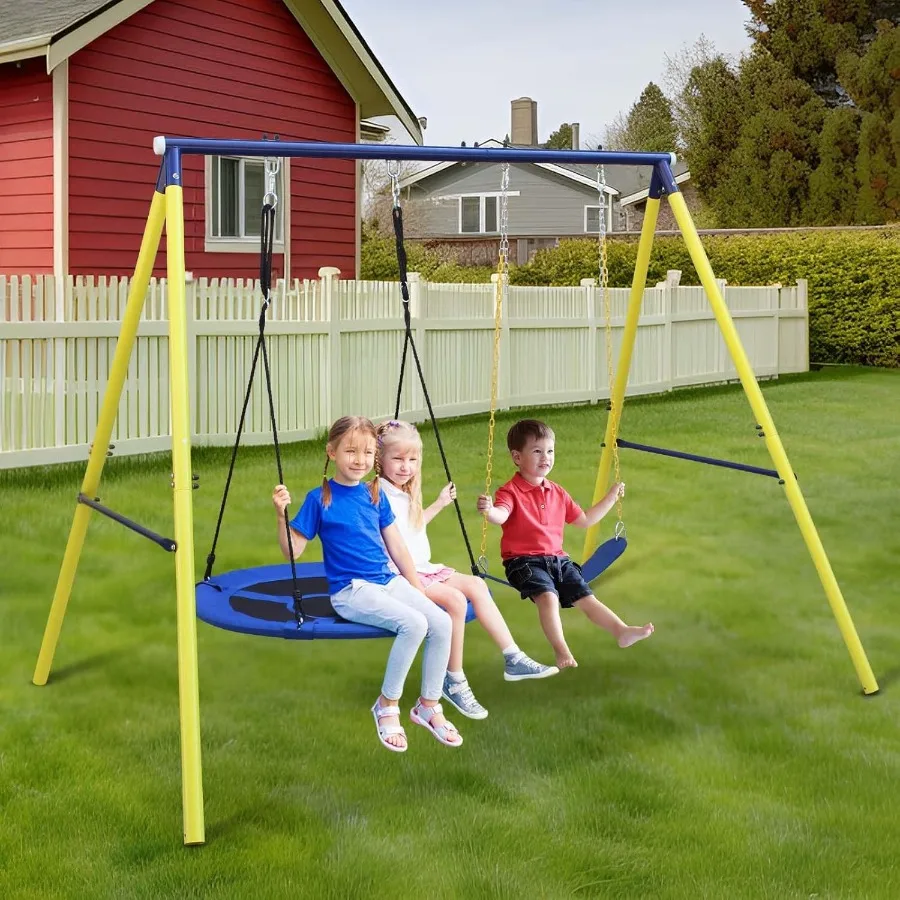 

Heavy duty metal swing set for backyard outdoor play designed for toddlers and kids with two seats and saucer swings durable an