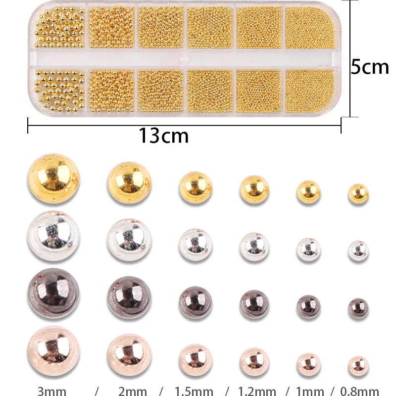 Mini cuentas de Caviar de Metal para uñas, 12 rejillas, 0,8/1,5/3mm, tamaños mixtos, dijes Aolly para uñas, pequeñas cuentas de acero inoxidable, diamantes de imitación Deco