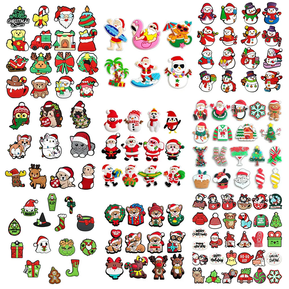 6-100PCS Christmas Santa Claus Snowman Shoe Charm Wholesale PVC Decor Buckle Clog Bag Wristband Detachable Waterproof Party Gift