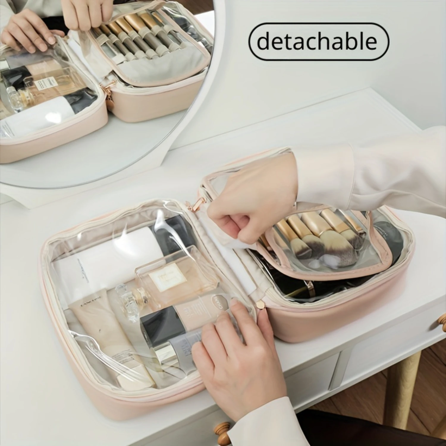 Capacity Cosmetic Bag, Portable & Durable Makeup Organizer With TPU Protection Cover, Stylish Hand-Held Toiletry  Bag, Elegant T