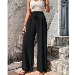 Loose Women's Trousers 2024 Spring/Summer New Fashion Solid Color Versatile Bubble Grid Casual Wide Leg Pants Pantalon Femme