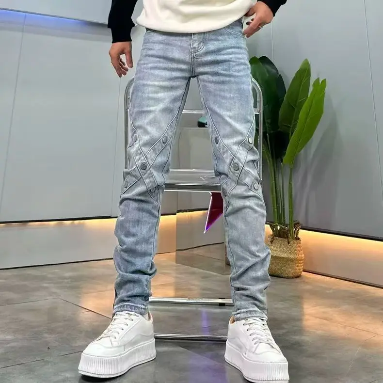 Trendy Brand 2026 autumn Retro Cleanfit High Street Designer Cross Zipper Jeans Men's Elastic Slim Cargo Work Cowboy Pants Man