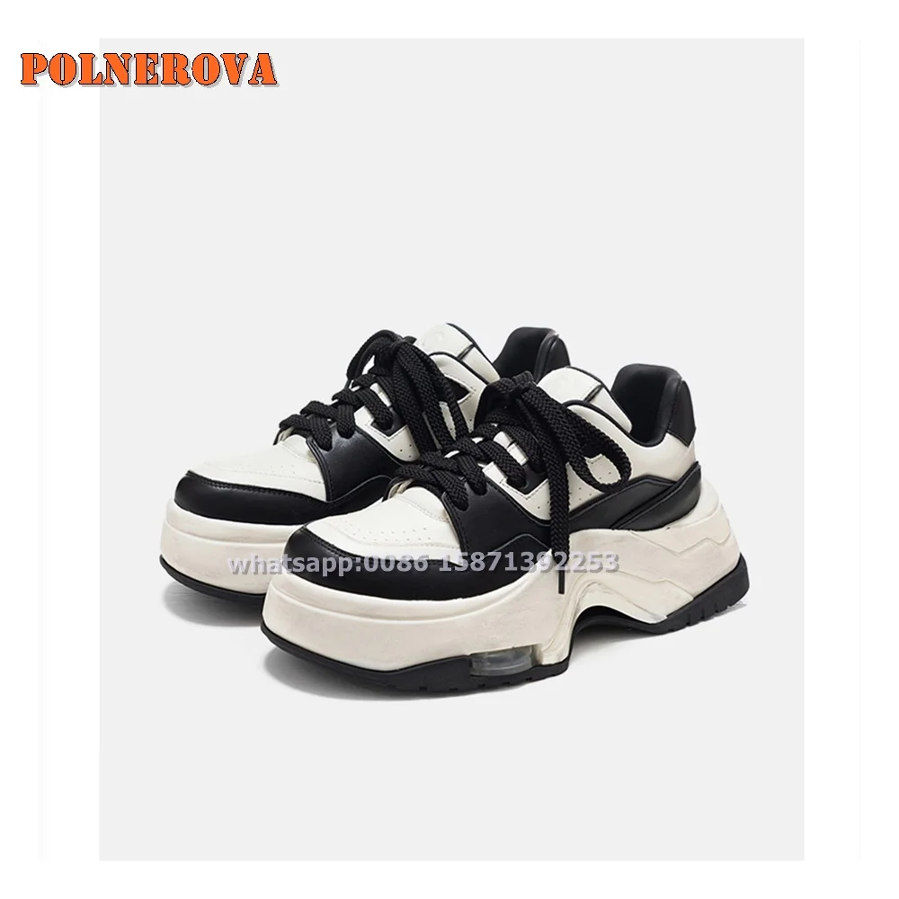 

Bicolor Lace Up Platform Pumps Round Toe Height Increasing Casual Chunky Sneakers Retro Fashion Newest Shoes 2024 Autumn Trend