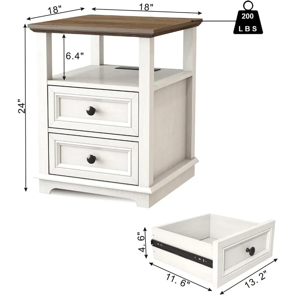 24” Large End Table with Fast Charging Station Set of 2, 18” Wide Sofa End Table with Drawers,Storage Rustic Wood Storage