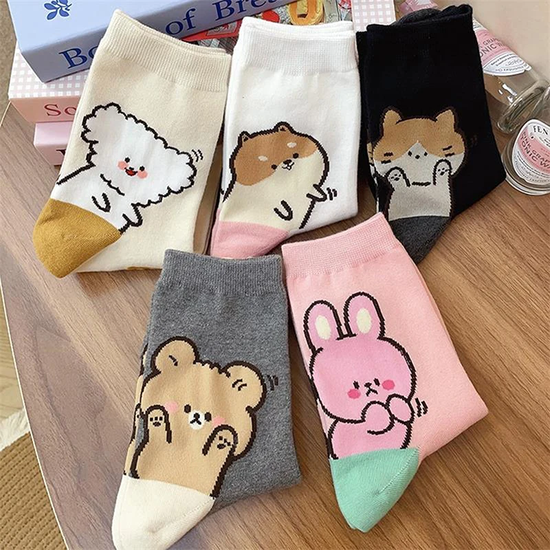 Cute Cartoon Animals Prints Soft Cotton Socks Fashion Four Seasons Warm Breathable Sweat-wicking Middle Tube Socks Girly Gifts