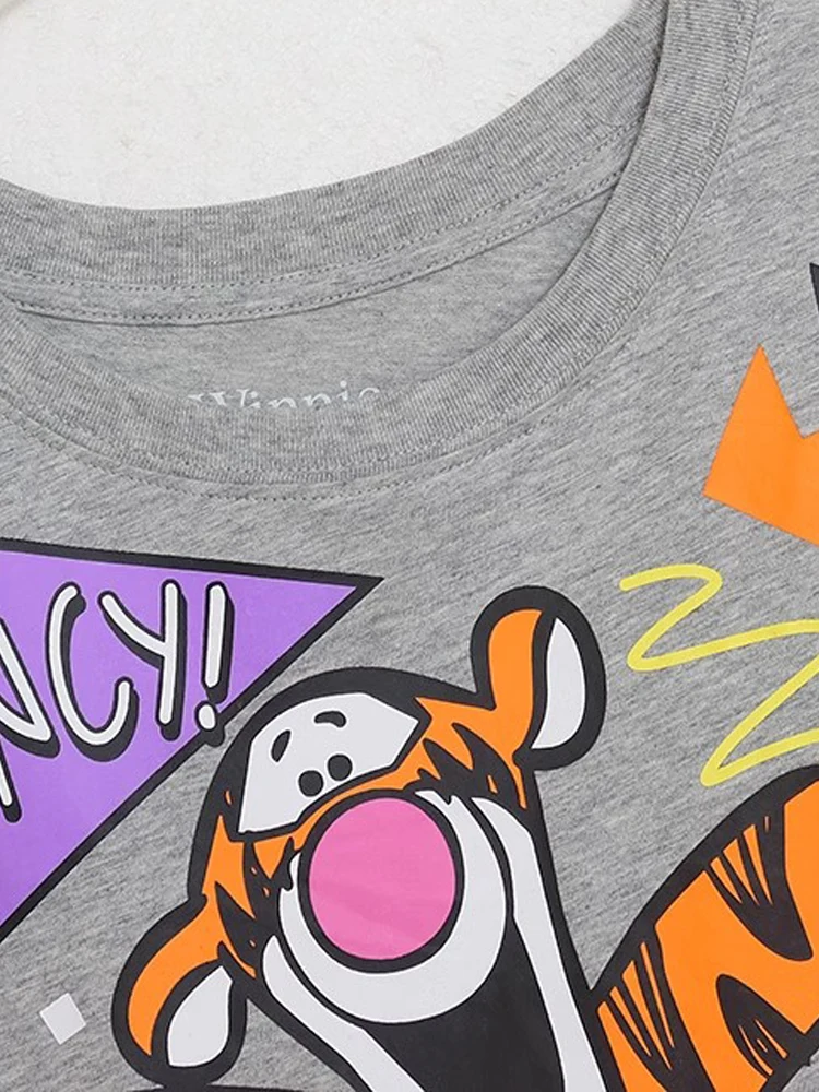 Disney T-Shirt Winnie the Pooh Bear Tigger Letter Cartoon Print Fashion Women O-Neck Pullover Short Sleeve Tee Tops Female Gray