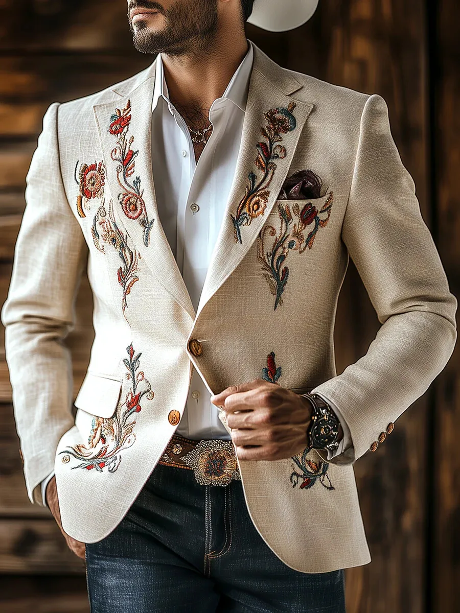 

Designer Classic Men's Suit Coat Flower Print Lapel Tuxedos Peaked Breasted Groom Wear Business Party Blazer Customized