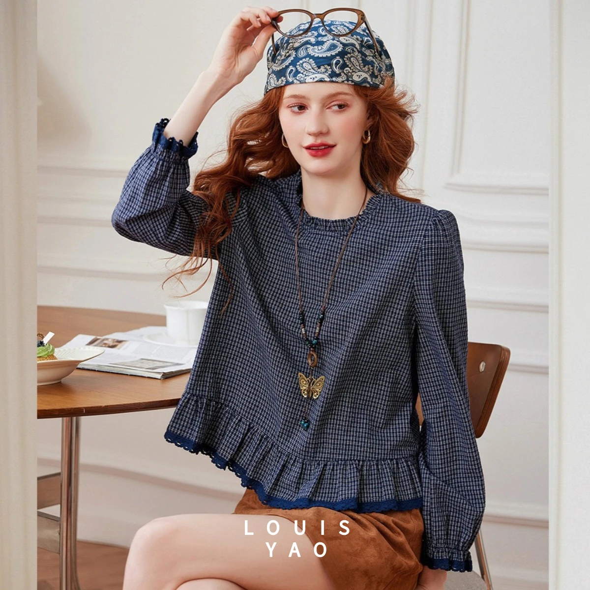 

LOUISYAO Retro Plaid Ruffle Blouse Women 2026 Spring Autumn Elegant Ruffle Neck Long Sleeve Ladies Shirt