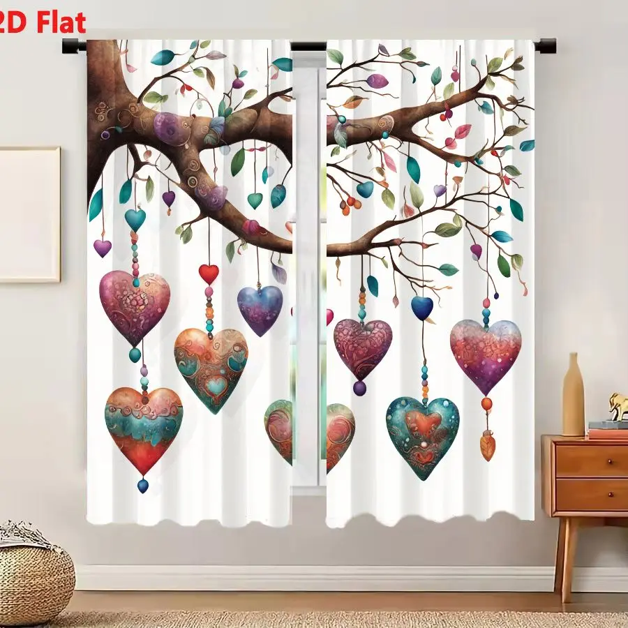 2Pcs Curtains 2D Flat Whimsical Watercolor Tree Branch With Colorful Leaves Berries And Heart Ornaments Window Drapes for Bedroo