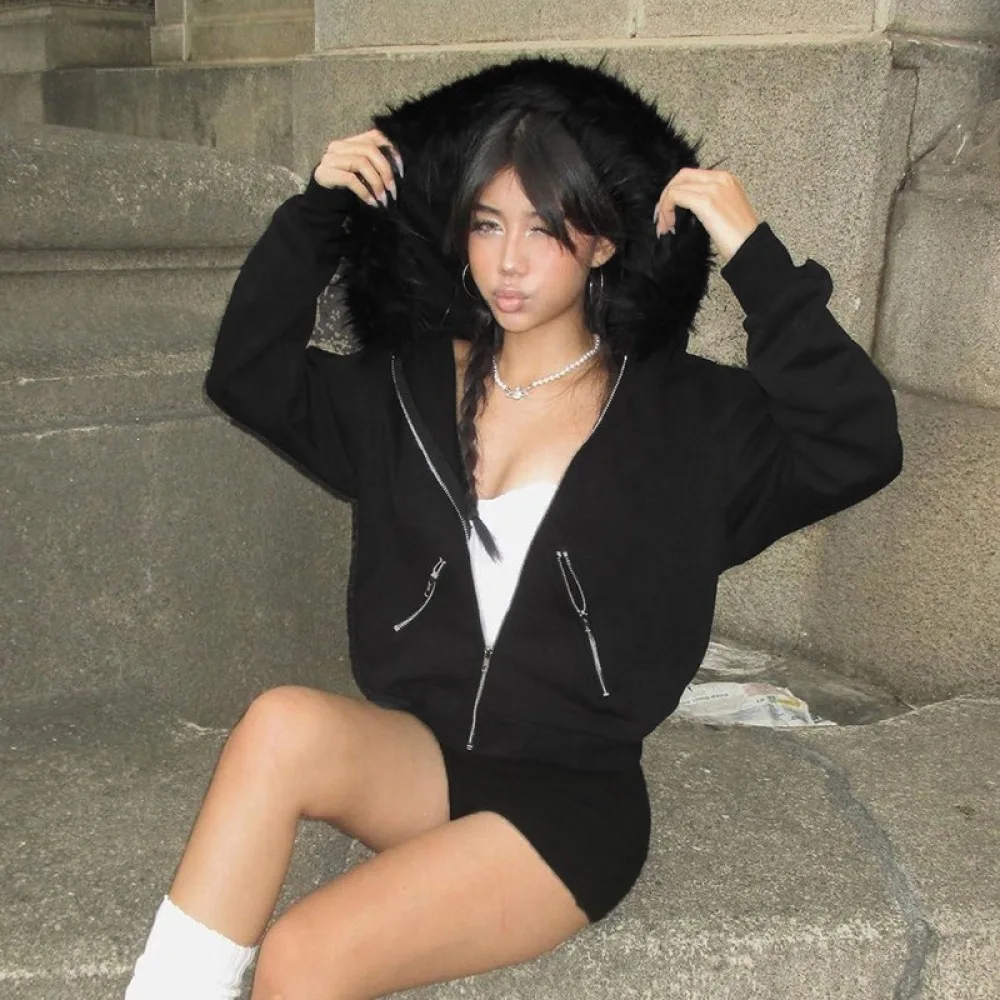 Gothic Furry Big Fur Collar Hooded Sweatshirt Women Black Zip Up Cropped Jacket Multi Zippers Street Casual Outerwear