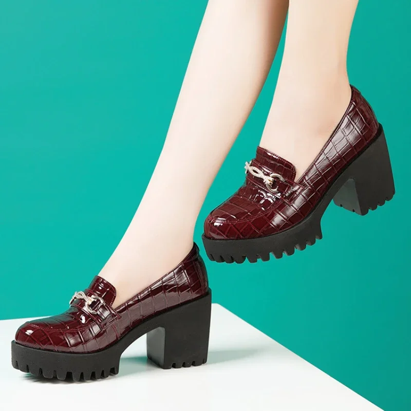 Black patent leather rhinestone 8cm high heels Women autumn Waterproof Platform Thick Sole Model Cheongsam Show Leather Shoes