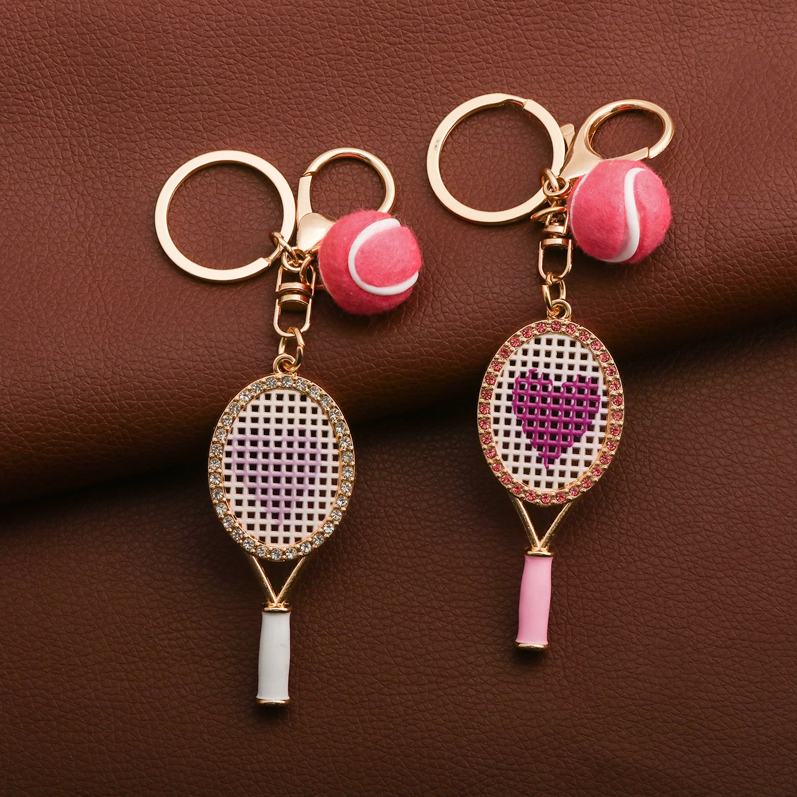 Kristallherz-Tennisschläger-Schlüsselanhänger, Mini-Filz-Tennisball-Taschenanhänger, Sport-Schlüsselring, Rucksack- und Handtaschenanhänger, Geschenk für Frauen – Detail 2