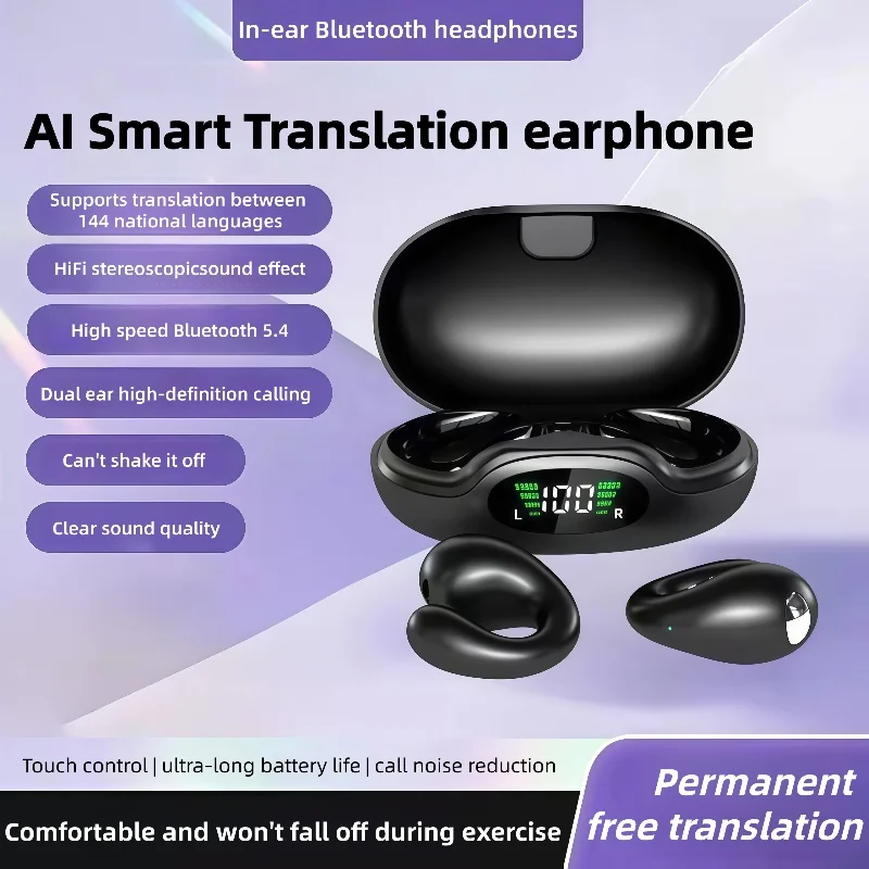 

AI-переводчик S19 Наушники в реальном времени 144-язычные беспроводные Bluetooth-совместимые наушники Сенсорное управление Наушники с открытым зажимом для ушей