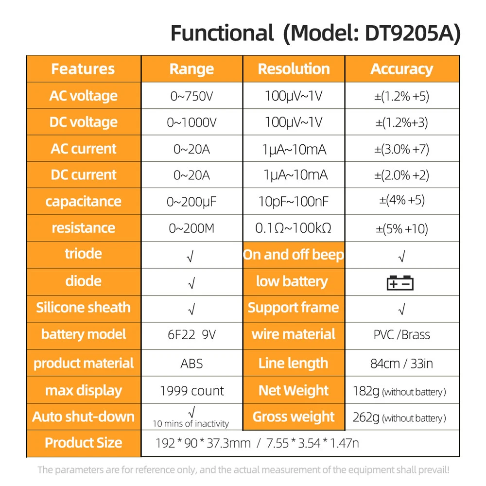 DT-9205A Digital Multimeter Ammeter Voltmeter Digital Voltage Tester Resistance Auto Range Multimetro Meter Test Probes