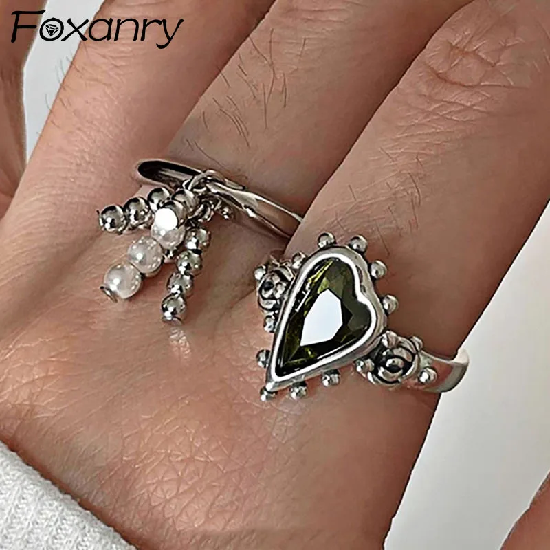 Foxanry Vintage Punk Green Zircons Party Rings for Women Couples New Fashion Creative Tassel Geometric Handmade Party Jewelry