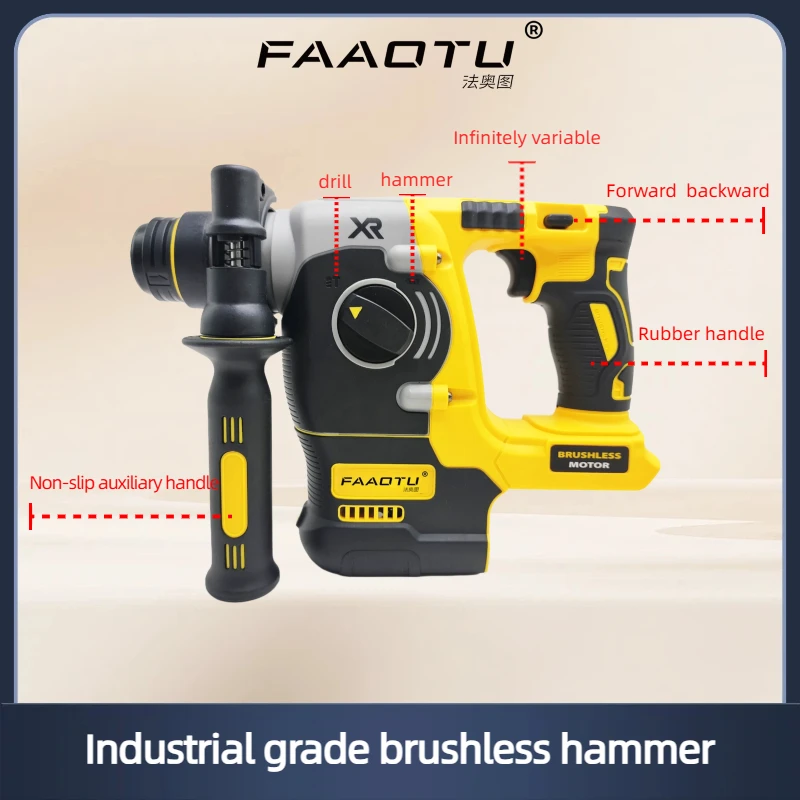 

Бесщеточный перфоратор FAAOTU DCH273, для аккумуляторов DW, энергия удара 2.1 Дж, 360 об/мин ° Эффективная ручная дрель для бетона, кирпича и камня