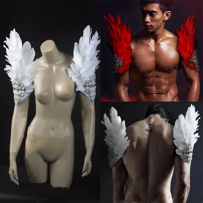 

Red White Feather Rhinestone Shoulder Ornament Arm Gloves Performance Accessories Stage Male Female DJ Singer Gogo Dance Costume