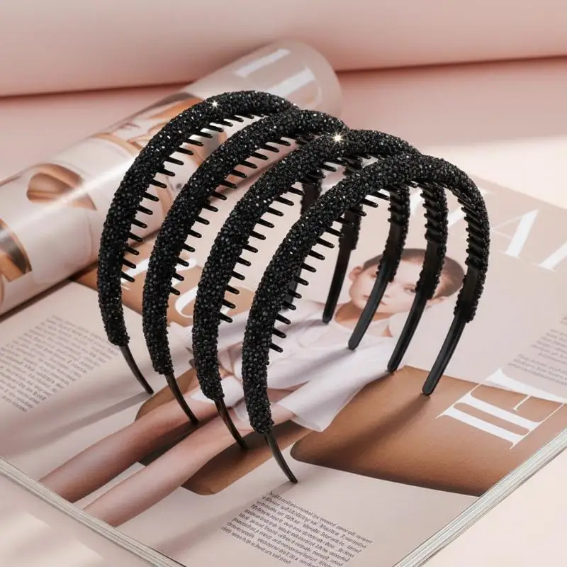 Rutschfeste, mit Strasssteinen besetzte, gezahnte elastische Haarreifen für Frauen, glänzende Luxus-Haaraccessoires – Detail 8