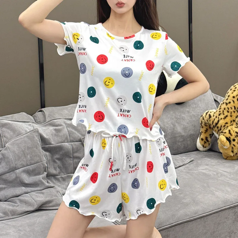 

Emotional Cartoon Print Women's Pajamas Set Short Sleeves O Neck Top & Shorts 2 Pieces Female Sleepwear Nightwear Homewear