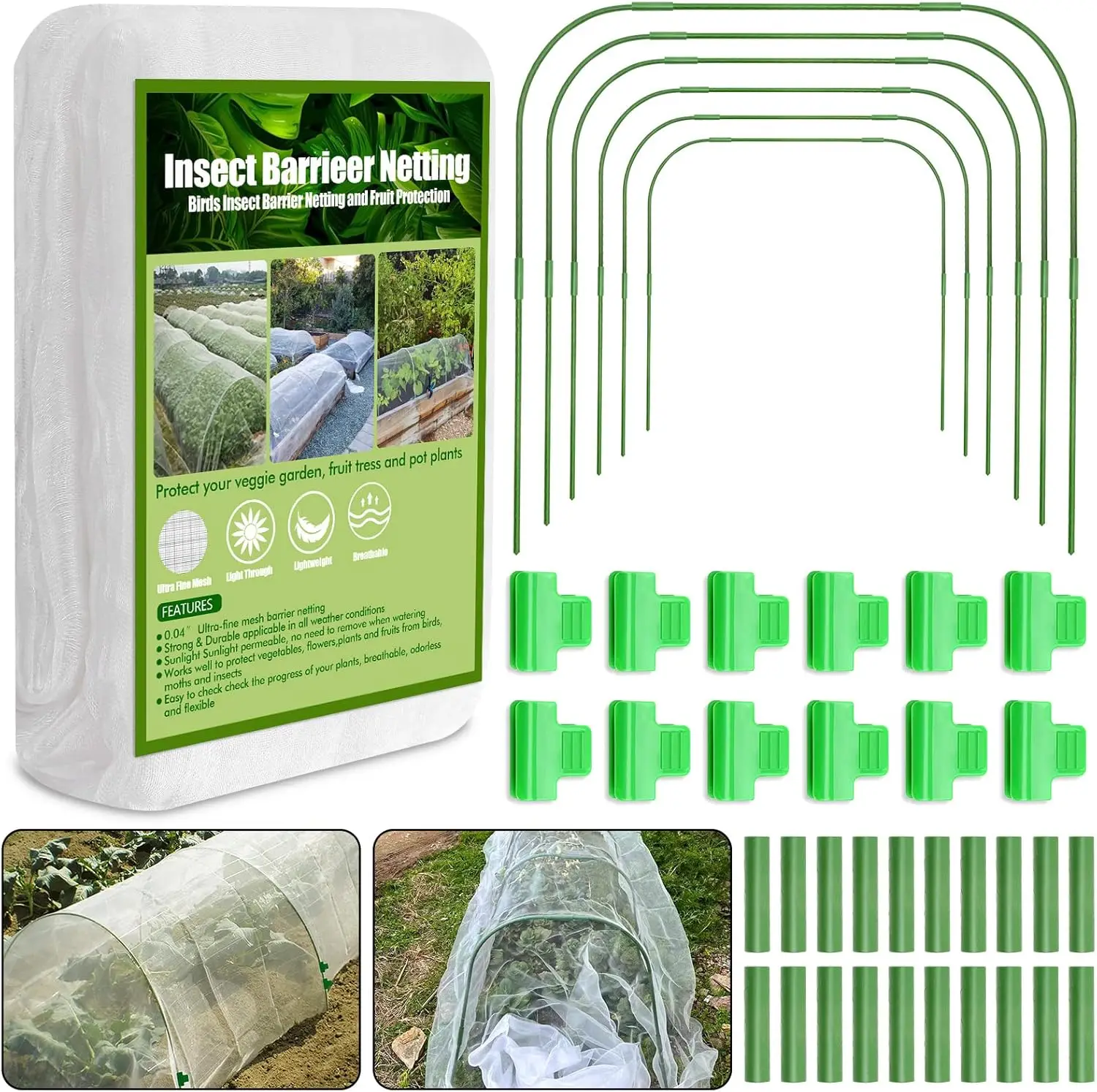 

67pcs Garden Mesh Netting Kit,6 Sets Wide Garden Hoops with 10x20 ft Garden Covers Bird Netting& 12 Clips, Garden Protec
