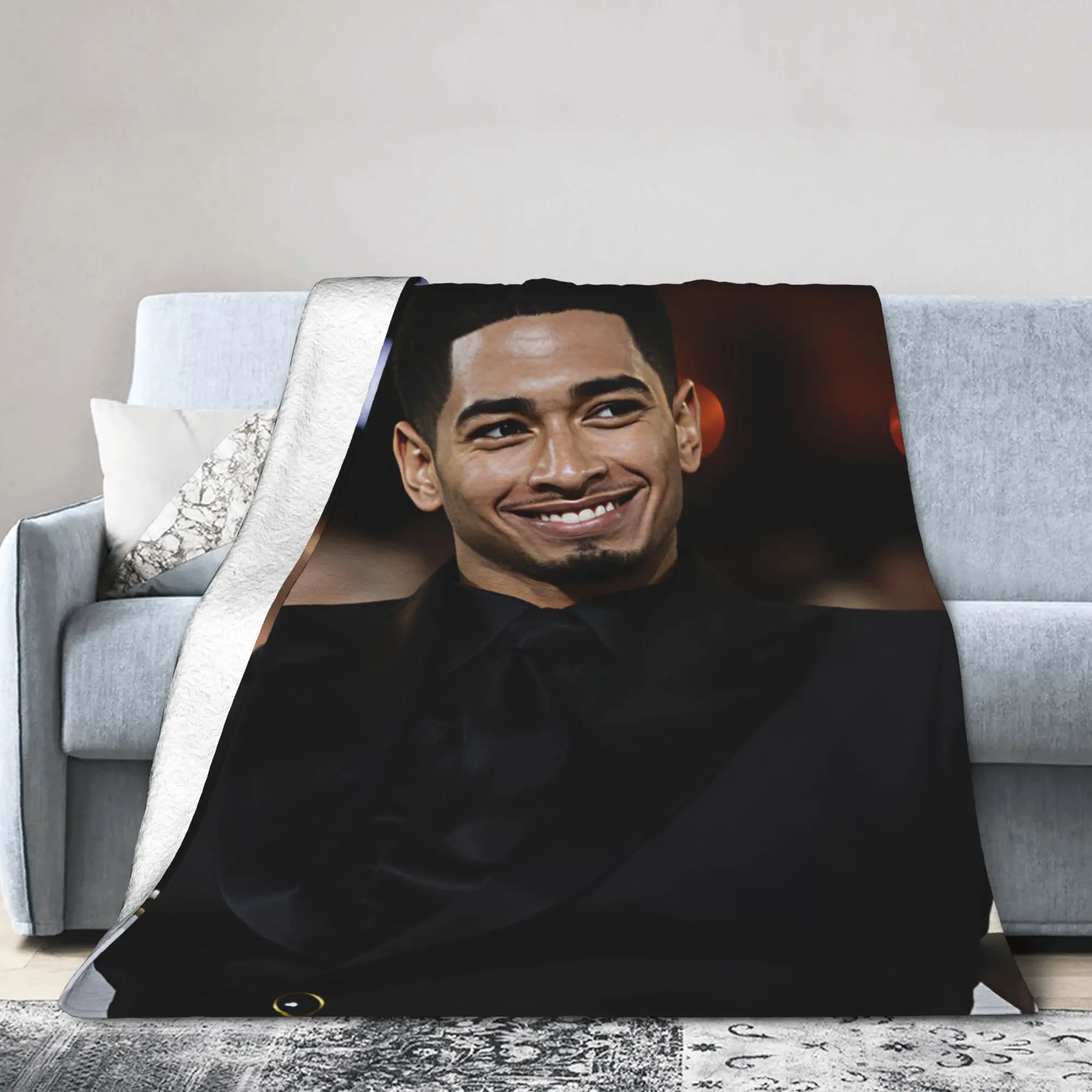 Jude Bellingham Black Suit Laughing Warmly Blanket Decorative Flannel Throw Blanket For Couch Chair Sofa Bed Warm Soft Bedspread