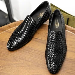 Luxury Driving Shoes Mens Shoes Genuine Leather Shoes Loafer Cow Leather Weave Pattern Hasp Casual Shoes Zapatos Hombre