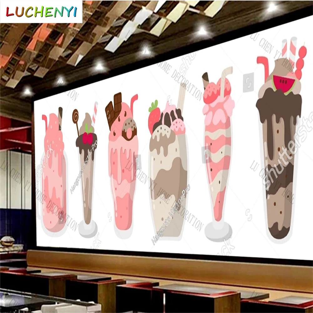 Custom ice cream milk shake bubble tea mural wallpaper restaurant cold drinking shop dining room wall papers home decor sticker