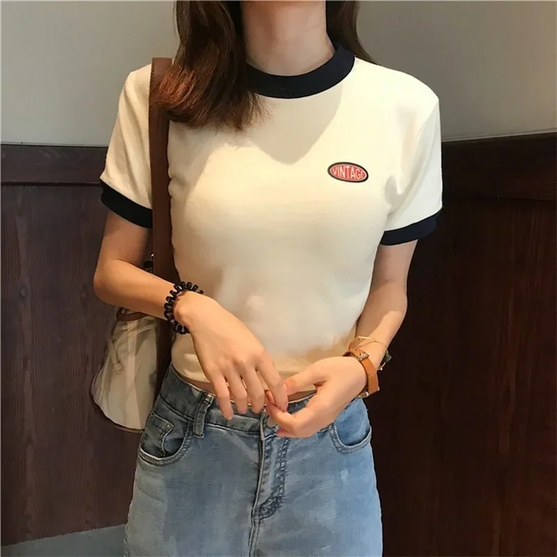 

Harajuku Letter Printed Crop Tops Summer Women Sweet Embroidery O-Neck Short Sleeve T-Shirts Y2k Korean Preppy Style Simple Tops