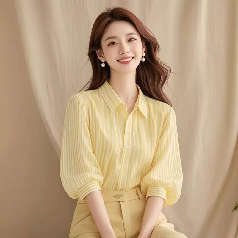 Women's Thin Vertical Striped Lapel Single Breasted Puff Three Quarter Sleeve Loose Wrinkle Resistant Commute Daily Blouse Shirt