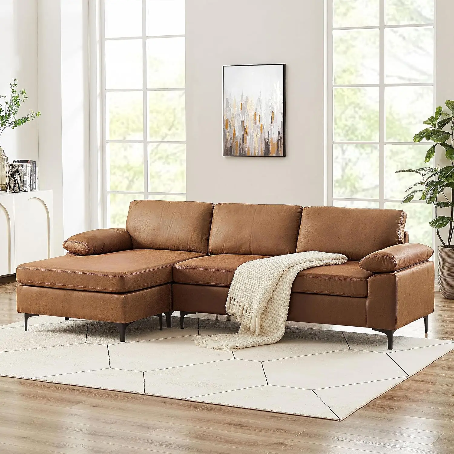 

100" Sectional Sofa Faux Leather Mid-Century Modern Reversible Couch L Shaped 3-Seat Couch with Chaise for Living Room Brown