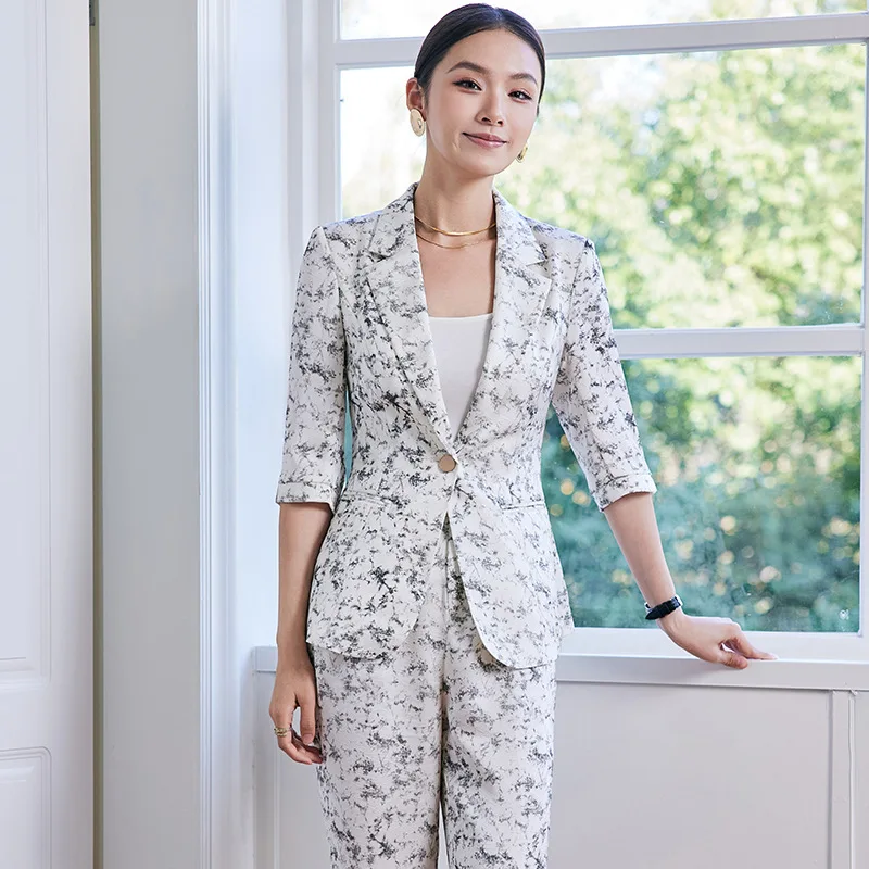 

Office Lady Formal Pants Suit 2 Piece Set Women Coffee Print Female Three Quarter Sleeve Business WorkWear Blazer and Trouser