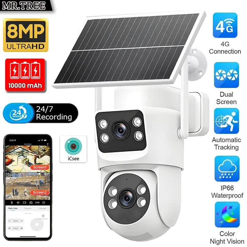 

4K 8MP Solar PTZ Cameras Outdoor Security Dual Screen Auto Tracking CCTV IP Camera 4G SIM Video Night Vision Surveillance ICSee