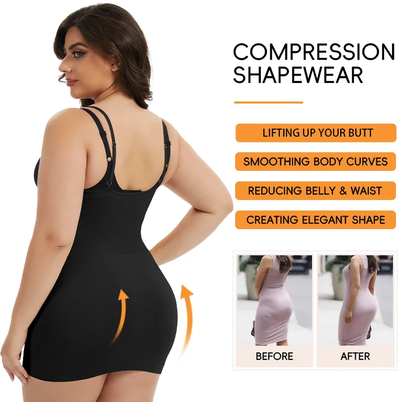 Plus Size Underbust Slip for Women Stripped Shapewear Dress Slimming Tummy Control Full Body Shaper Adjustable Strap Butt Lifter